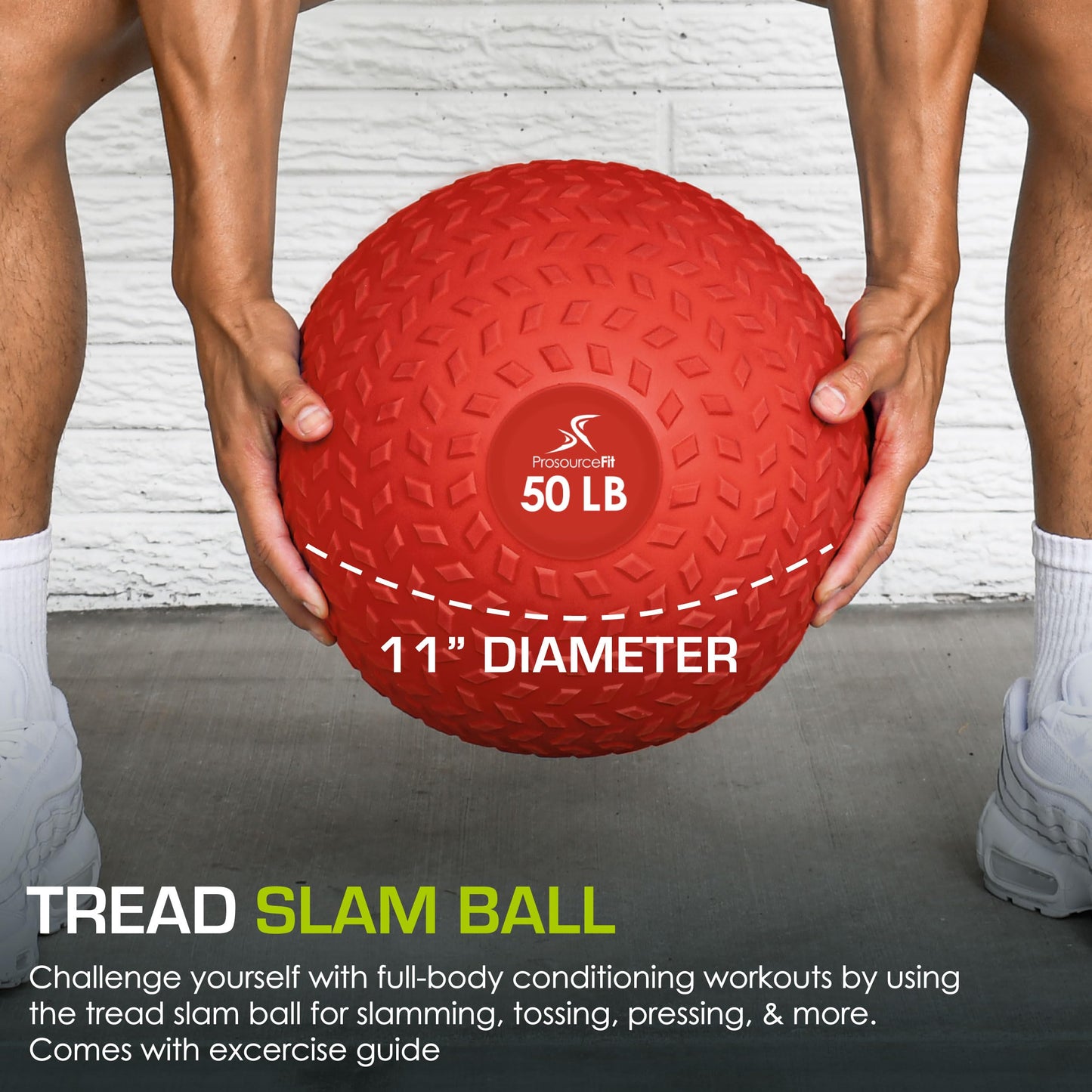ProsourceFit Slam Medicine Ball, Tread Textured Grip Dead Weight Balls for Strength and Conditioning Exercises, Cardio and Core Workouts, 50lb, Red