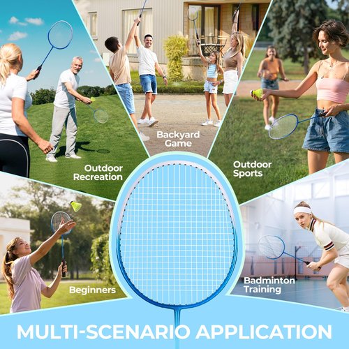 HIRALIY Badminton Rackets Set for Backyards, Lightweight Badminton Set of 4, Includ 4 Rackets, 12 Nylon Birdies, Replacement Grip Tapes, 1 Carrying Bag, Outdoor Games for Adults Family Kids Beginners