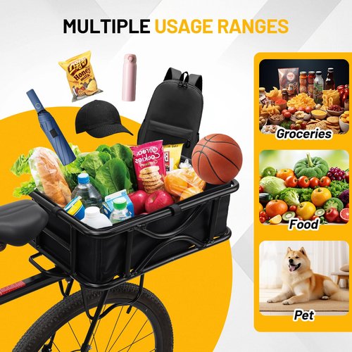 AUMENTAR Heavy Duty Rear Bike Basket for Adults, Large Metal Bicycle Cargo Basket with Removable Liner, Waterproof Cover & Cargo Net, Universal Fit for E-Bike, Mountain Bike, Dog Carrier