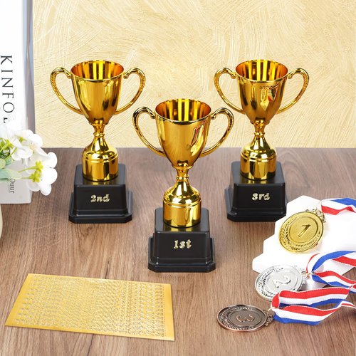 FACULX 6 pcs Trophy and Medal Set,1st 2nd 3rd Zinc Alloy Wheat Ear Medals with Red White Blue Neck Ribbon,7 Inch Gold Plastic Trophies with DIY Alphabet Stickers,for Sports Tournaments,Competitions