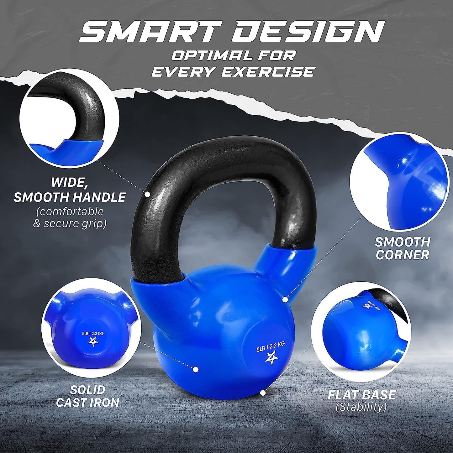 Yes4All Kettlebell, 5 lb Vinyl Coated Cast Iron Kettlebell Set of 2 for Home Gym Exercises, Heavy Weights Gym, Fitness, Full Body Workout Equipment, Push up, Grip, Strength Training - Blue