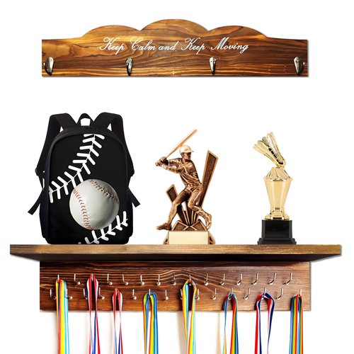 BILYSKEP 20'' Medal Hanger Display Trophy Shelf with Hooks Wooden Medal Holder for Wall Mount Ribbon Trophy Shelf Gift for Gymnastics Running Race Soccer Awards/Trophy