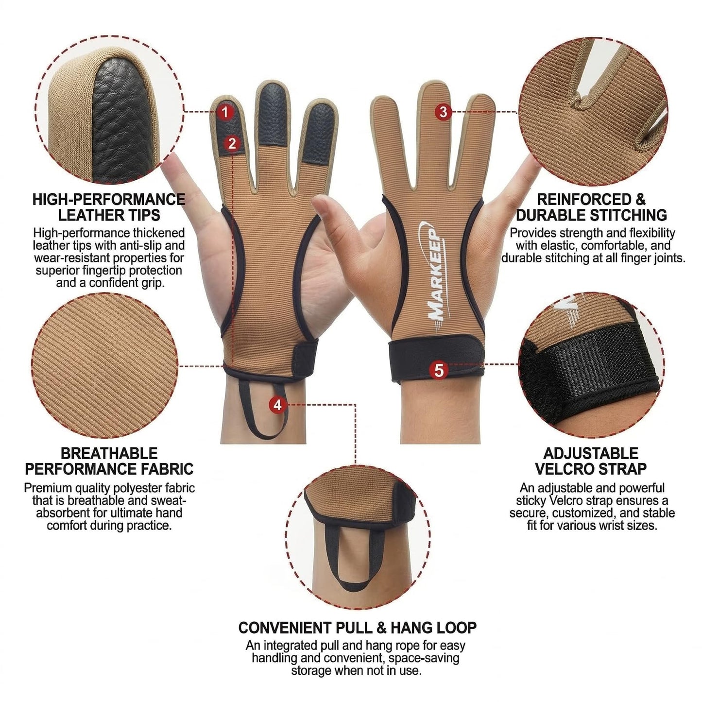 MARKEEP Archery Gloves 2 Pack Shooting Hunting Leather Guard 3-Finger Guard for Youth Adult Man Woman and Beginner Recurve Arrow Bow Archery Protective Gear Accessories