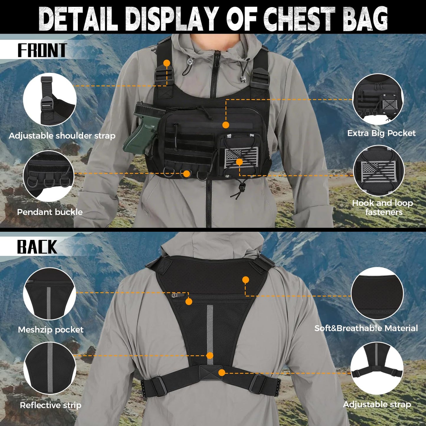 koculemi Outdoor Sports Chest Bag for Men, Concealed Chest Vest Holster Fits Most Pistols, Adjustable Anti-Theft EDC Travel Chest Pack for Running, Hiking, Motorcycle Ride, Workouts (Black)
