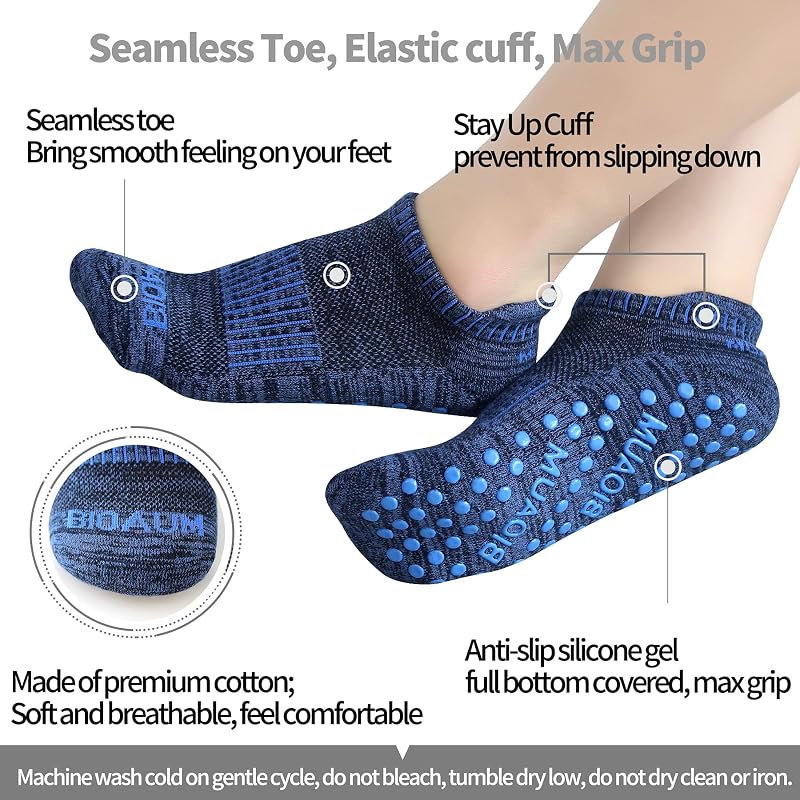 BIOAUM Non Slip Yoga Pilates Socks for Women 6 Pairs 6-11 Variation: Black Navy Grey
