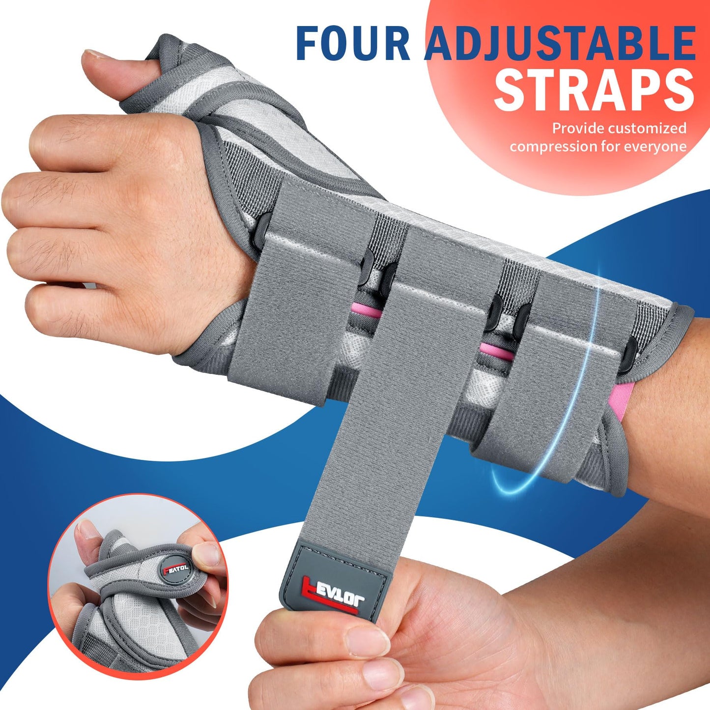 FEATOL Carpal Tunnel Wrist Brace Night Support, Thumb Spica Splint Right Hand for De Quervains Tenosynovitis, Tendonitis, Thumb Brace for Women Men, White Pink, Small/Medium