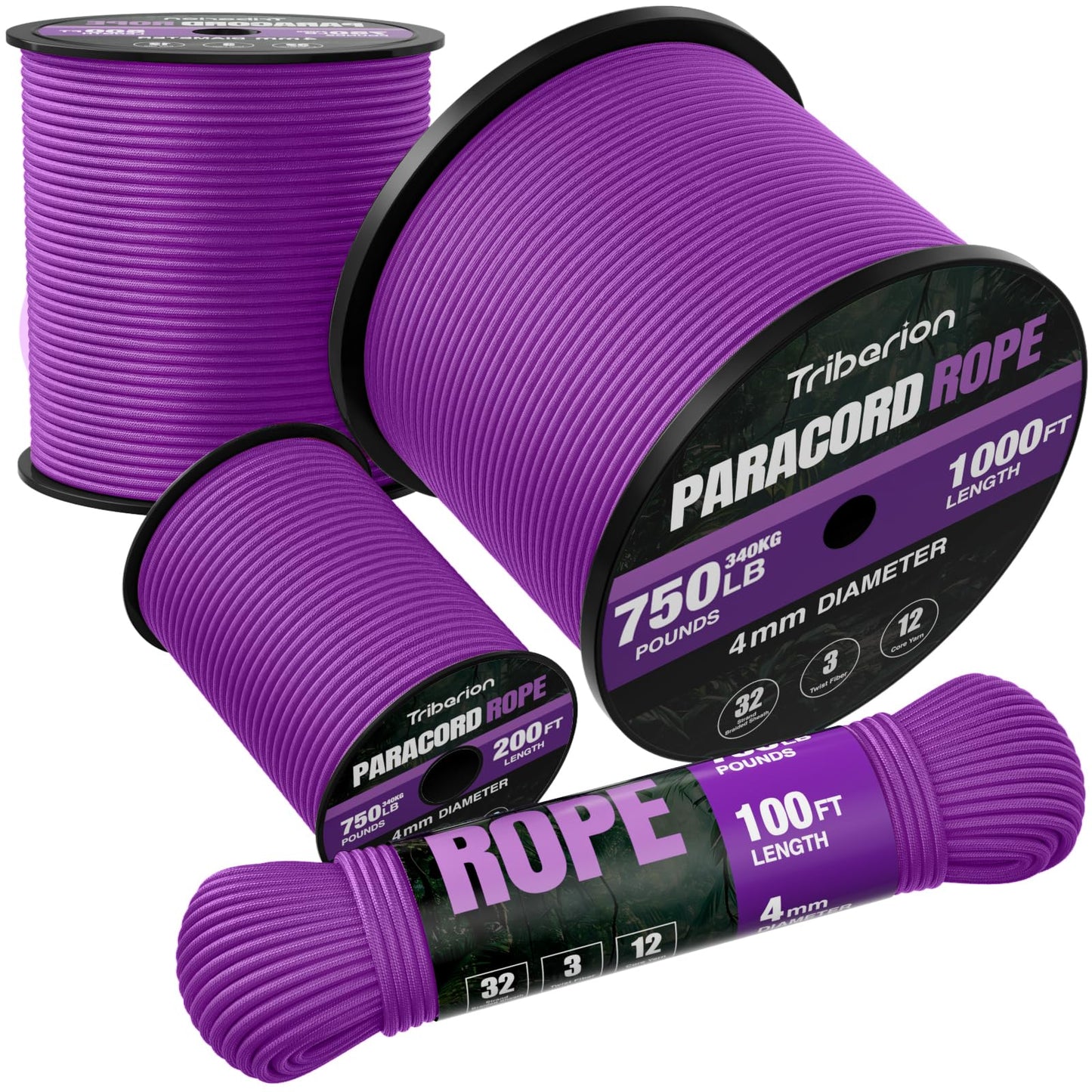 TRIBERION Paracord Rope 750 lb - 1000ft 5/32" Parachute Cord 4MM 12-Strand para Cord - Heavy Duty Spool String for Survival,Camping Gear, Survival Bracelet, Clothesline - Purple