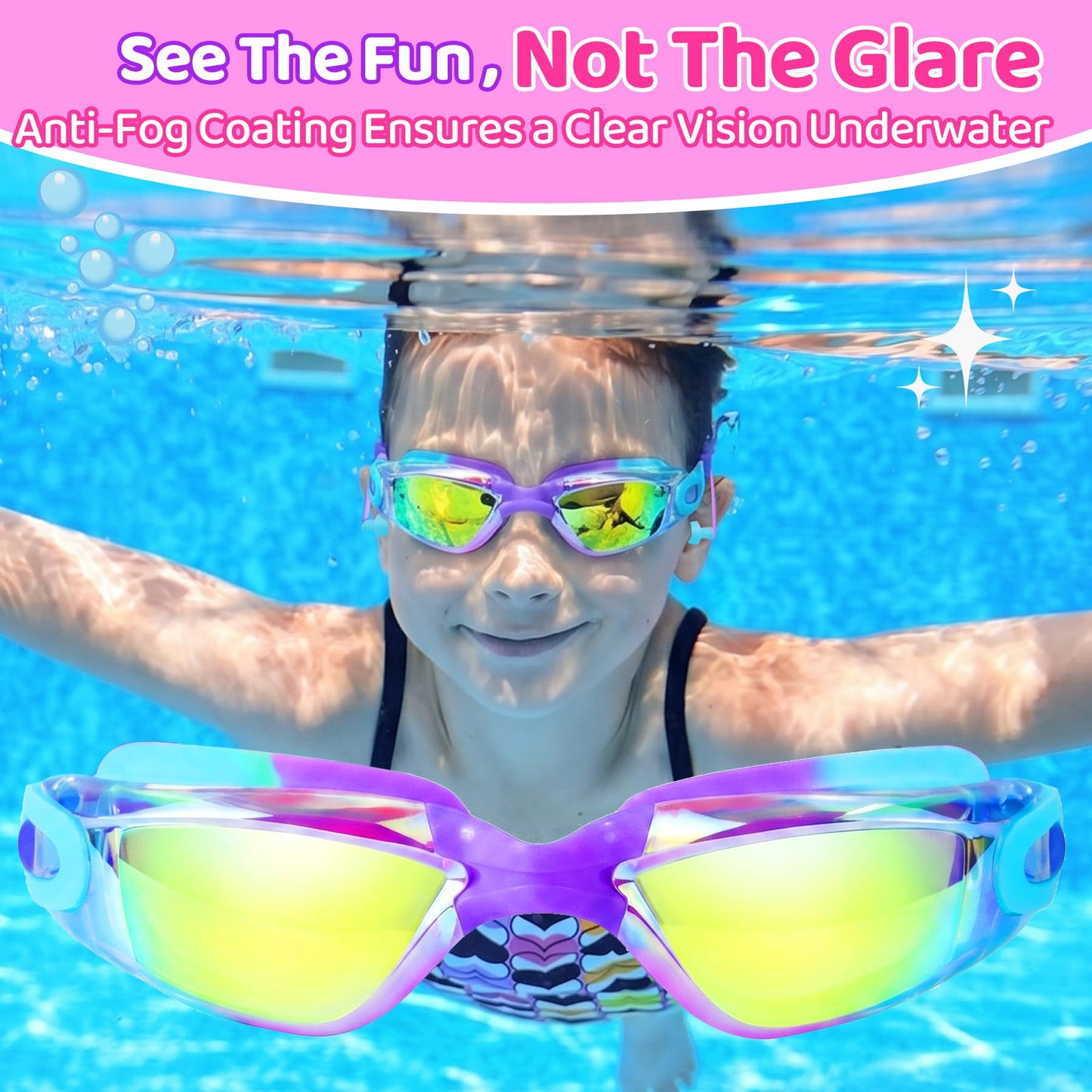 Vvinca Swimming Goggles for Kids 3-15 years-2 Pack, Kids Goggles Anti-Fog/UV No Leaking Swim Goggles for Kids