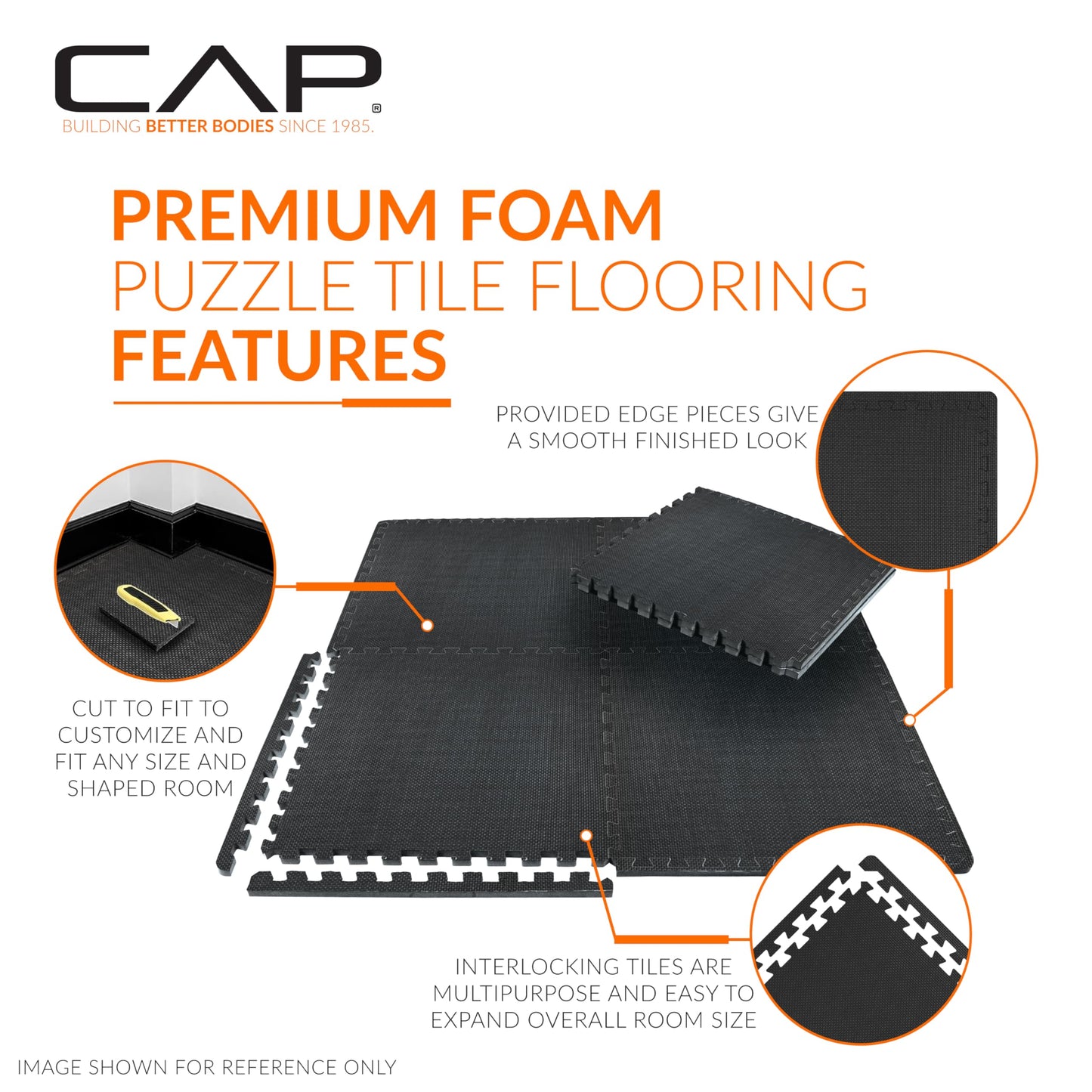 CAP Barbell 1/2-Inch Interlocking EVA Foam Exercise Puzzle Mat Home Gym Flooring - 2 Pack | 24" x 24" x 1/2" | T Pattern - Black