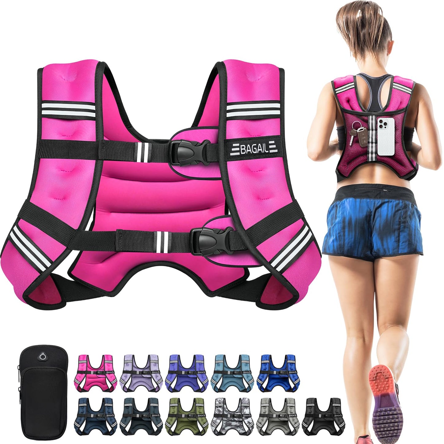BAGAIL Comfort-Fit Weighted Vest for Woman, Even Weight Distribution, Faster Weight Loss, No-Chafe or Bounce for Walking & Running with Detachable Phone Pouch & Reflective Stripes (Available 5-30lbs)