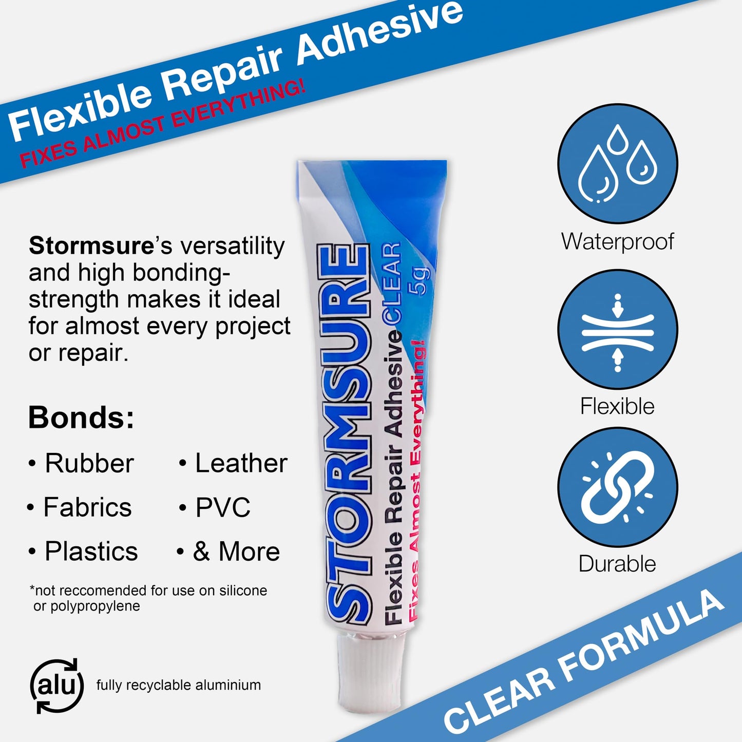 Stormsure Flexible Repair Adhesive: (3 x 5g) Clear Glue - Highly Durable, Waterproof Glue for All Repairs