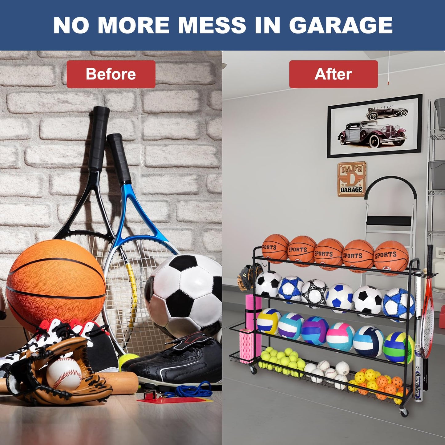 ELKCIP Basketball Rack, Shooting Training Rolling Ball Stand, Garage Organizer with Wheels, 4-Layer Sports Equipment Storage Holder with Baskets and Hooks for Soccer Baseball Footballs Volleyball