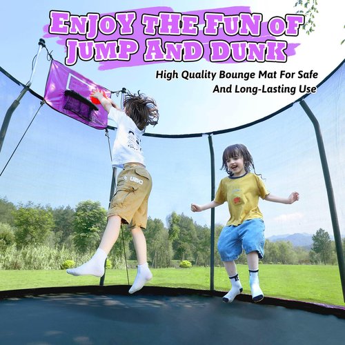 8FT 10FT 12FT 14FT Outdoor Trampoline with Basketball Hoop and LED Lights, ASTM Approved Recreational Trampolines for Kids and Adults with Net and Ladder