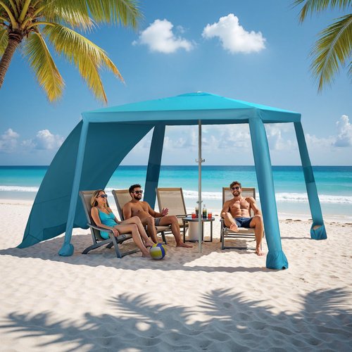 Beach Cabana-6.6x6.6?™Beach Canopy with Side Wall,Portable Umbrella Tent with Sand Pockets for Family & Friends,Easy Up Beach Sun Shelter for Outdoor Patios,Backyards,and Camping,Blue