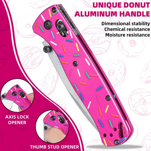 Donut Pocket Folding Knife for Women Men, D2 Steel Axis Lock Knife, Unique Donut Design Aluminum Handle Folding Knives with Reversible Pocket Clip