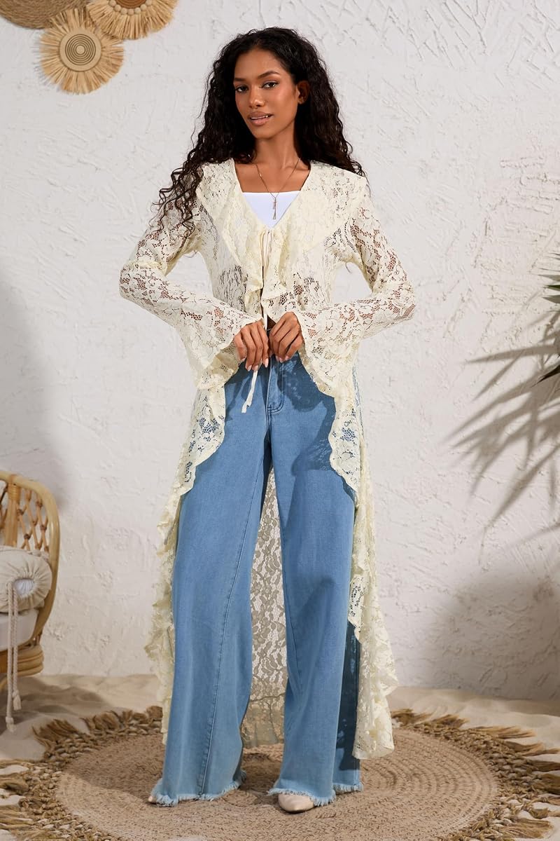 Lace Cardigan for Women Maxi - Open Front Tie Bell Sleeve Duster Cover Up Beige Large