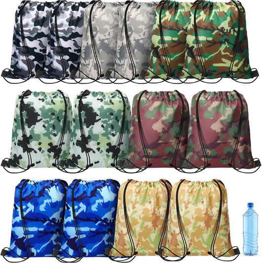 Frienda 14 Pieces Boy Camouflage Drawstring Bag Paintball Camping Birthday Party Supplies Goodie Camouflage Drawstring Travel Pouch Sacks Bags for Candy Party Favors