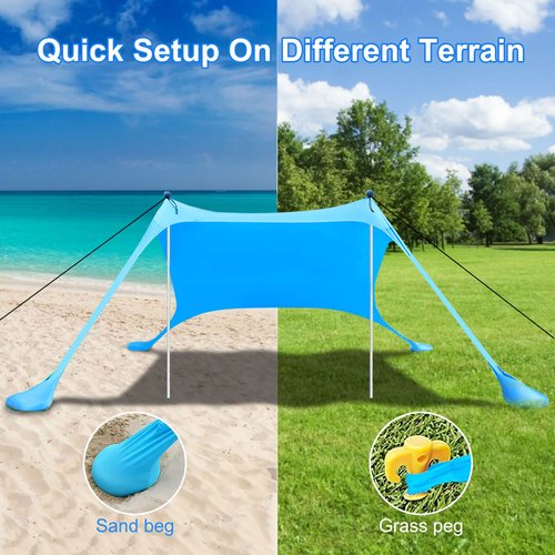 Beach Canopy Tent Sun Shade with UPF 50+ UV Protection, Beach Tent Sun Shelter with Sandbags, Poles and Ground Pegs and Anti-Wind Ropes for Outdoor, Camping, Backyard and Picnics