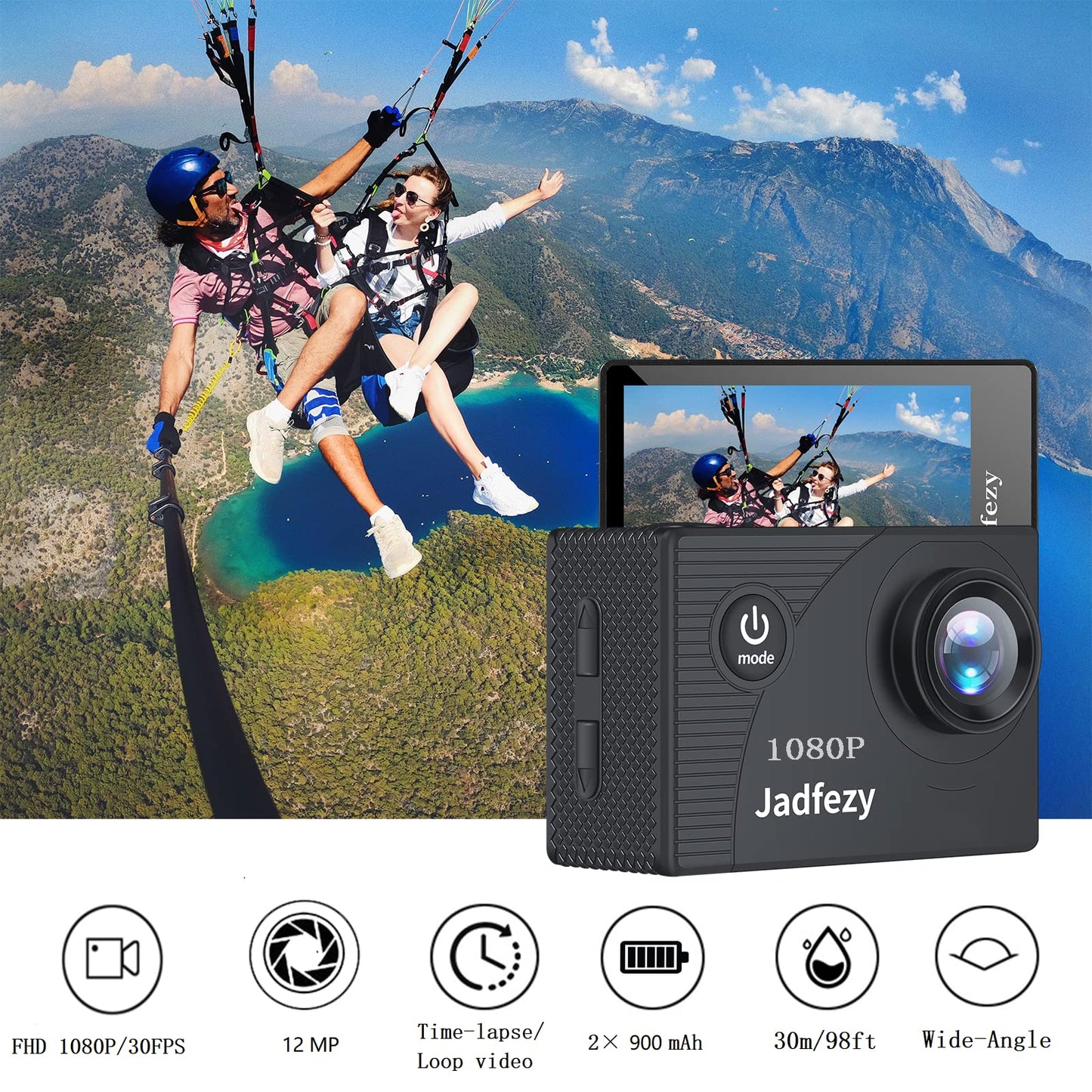 Jadfezy Action Camera FHD 1080P with 32GB Card, 98FT/30M Underwater Waterproof Camera with 2 Rechargeable Batteries, Wide Angle Sports cam with Accessories Kit Suitable for Helmet, Bicycle, etc.