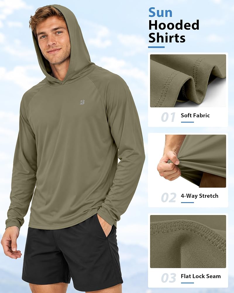 Roadbox UPF 50+ Sun Hoodie for Men, Long Sleeve Fishing Shirt with Hood - Khaki, Medium