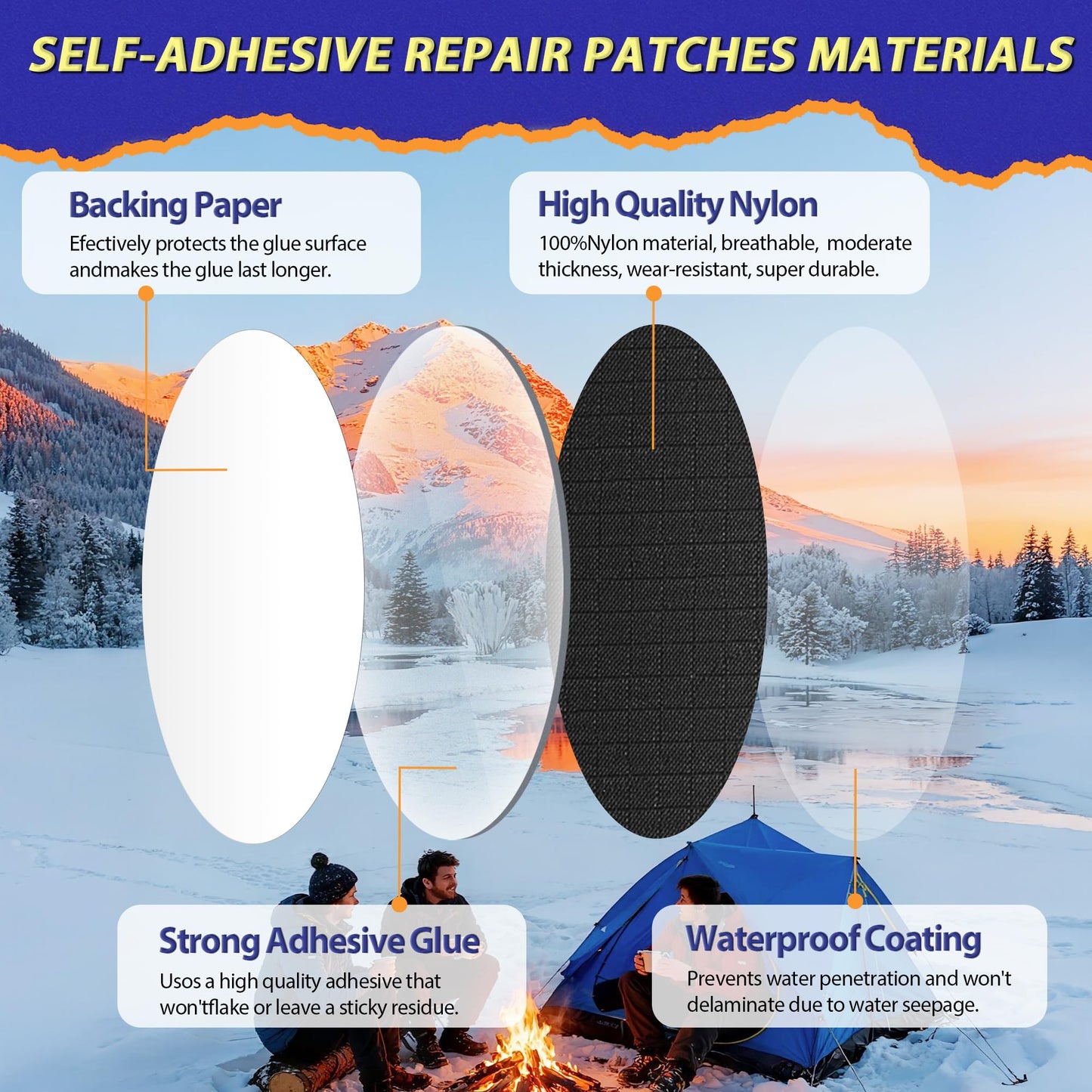 Down Jacket Repair Patch Kit, Outdoor Gear Tenacious Repair Tape, Self Adhesive Fabric Patches for Clothes, Waterproof Ripstop Nylon fabric Patch for Puffer Jacket, Coat, Tent (18 Pcs, Dark Blue)