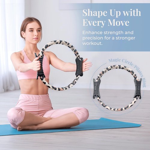 Activery Co. 12” Pilates Fitness Ring for Women – Non-Slip Magic Circle with Dual-Sided TPR Handles, Neoprene-Wrapped, Compact & Travel-Friendly Tool with Exercise Guide - Leopard Print