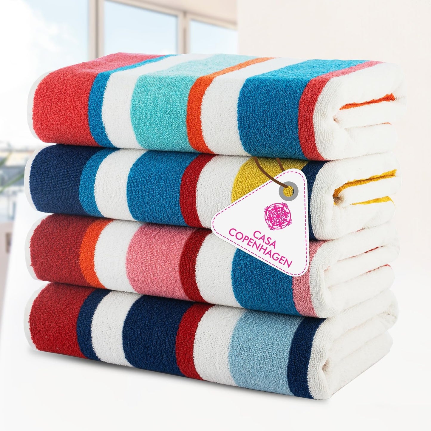 Casa Copenhagen Bora Bora Towels 4Pcs Yellow, Teal, Pink, Red Designer Stripe Beach Towels Gift Set, 30"x 60" Oversized 100% Cotton Pool Towels, Bath Towels for Beach (Summer Gift Set For Women & Men)