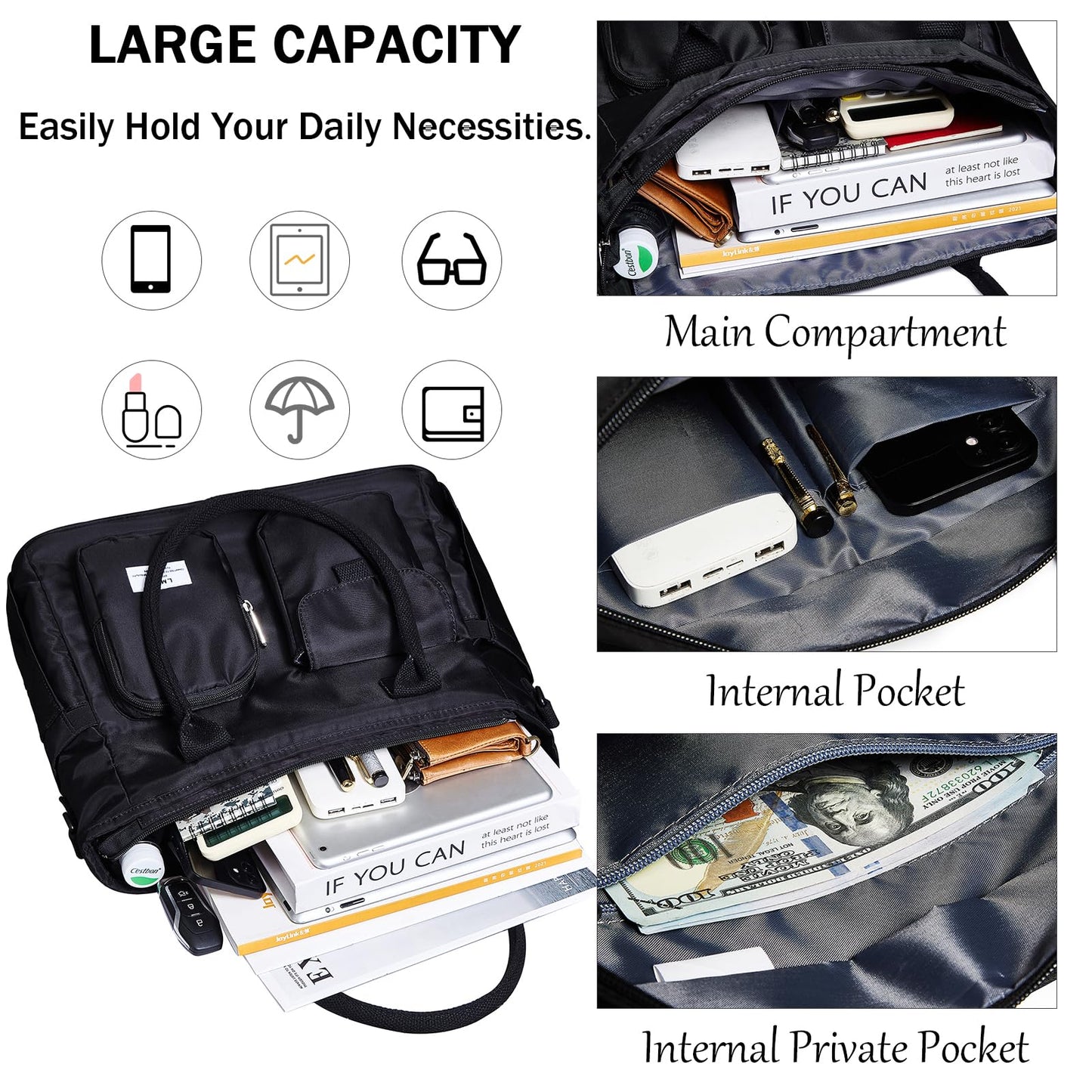 LMGO Large Utility Tote Bag with Multi-pockets and Compartment for Women, Crossbody Shoulder Bags with Zipper for Work, Travel Essentials for Nurse Teacher Carry On - Black