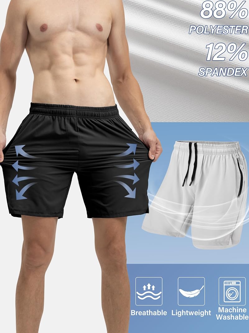 Mens Athletic Shorts 3 Pack Quick Dry Gym Running With Zipper Pockets - Black/Gray/Charcoal Medium