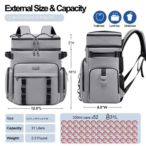 Weitars Insulated Cooler Backpack,Double Deck Waterproof Soft Cooler Bag,Backpack Coolers Leak Proof Lunch Backpack for Men Women for Travel,Camping,Picnic,Beach,Picnic,Outdoor 31L/52 Can (Gray)