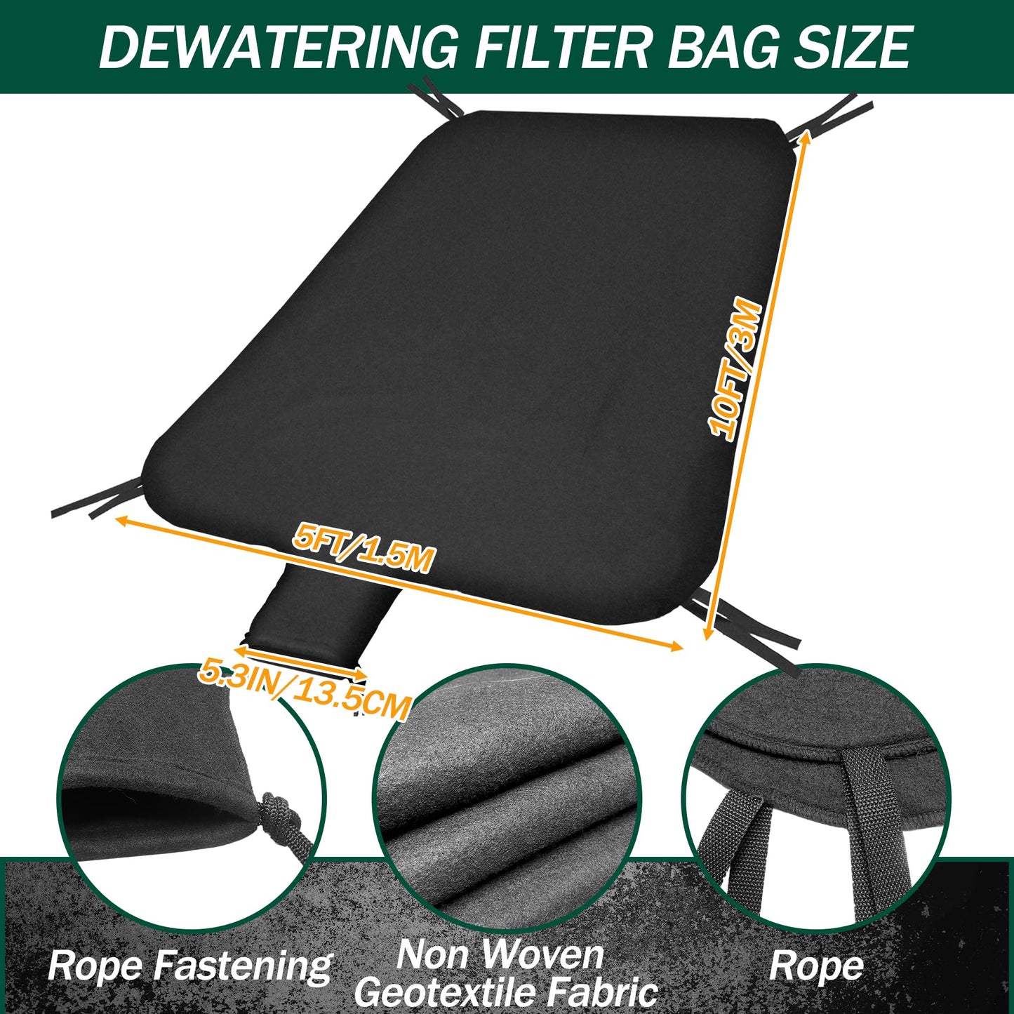 5 x 10ft Dewatering Bags with Drawstring Extra Large Dewatering Filter Bag Silt Oil Sludge Sediment Filter Bag Non Woven Geotextile Fabric Filter Bags for Construction Sites Dredging