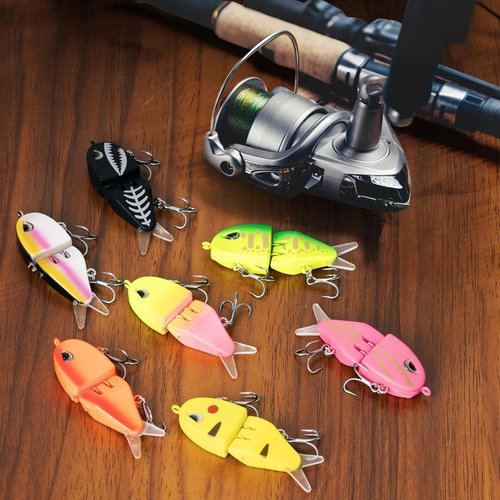 Xisakaca 7 Pcs Swimbait Fishing Lures, Slow Sinking Swimming Bait with Double Hook, Mini Multi Jointed Bass Pike Fishing Bait Tackle, 2.35" Hard Body Perch Glider