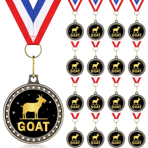 Ferreve 16 Pcs Greatest of All Time Champ Medal with Neck Ribbon Goat Pendant Medal Award Funny Recognition Football MVP Necklace Fantasy Sports Award for Tournament League Champion