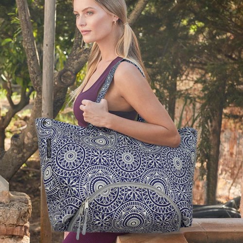 Explore Land Yoga Bags for Women with Large Pocket Pilates Tote Bag for Gym Beach Workout - Fits Water Bottles and All Size Mats(Blue)