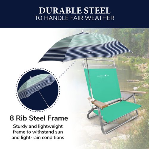 CARIBBEAN JOE Clamp On Umbrella for Beach Chair, Adjustable and Universal, UV Protection, 48 Inch Arc, Horizon Stripe