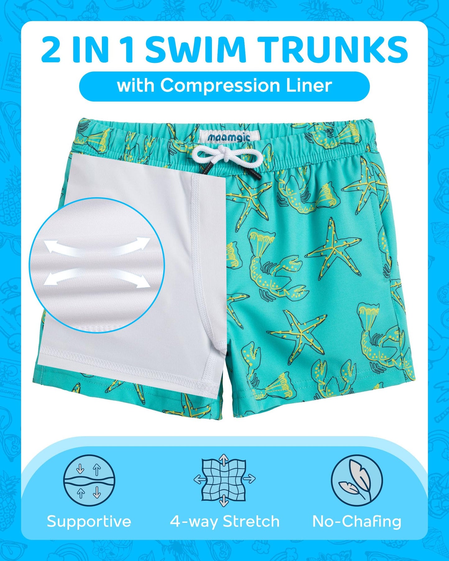 maamgic Boys Swim Trunks with Compression Liner Toddler Boy Swimsuit Quick Dry 4-Way Stretch Swimming Trunks Sea World Light Green 7 Years
