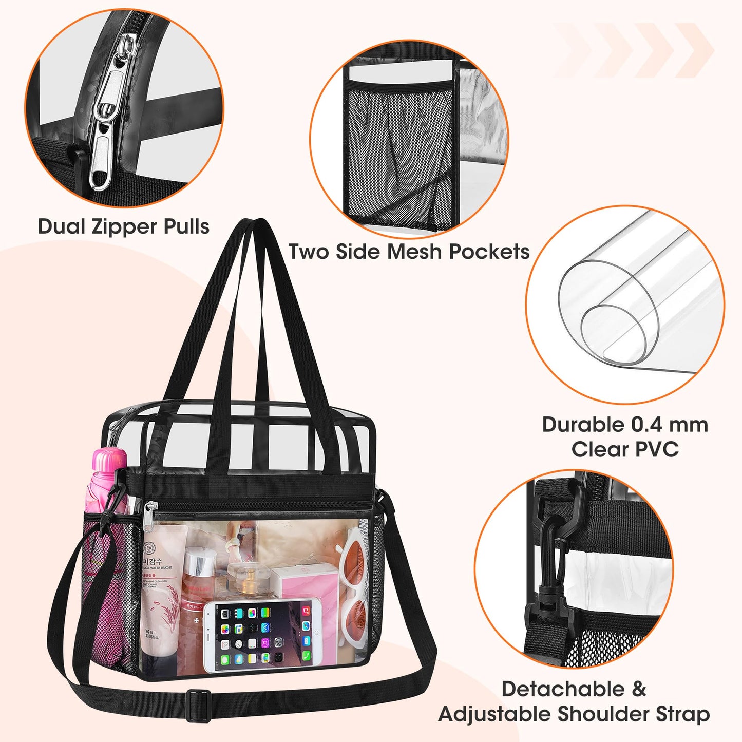 Oraben Clear Tote Bag Clear Bag Stadium Approved 12x6x12 Stadium Bag for Work, Sports Games,Gym Black,One Pocket