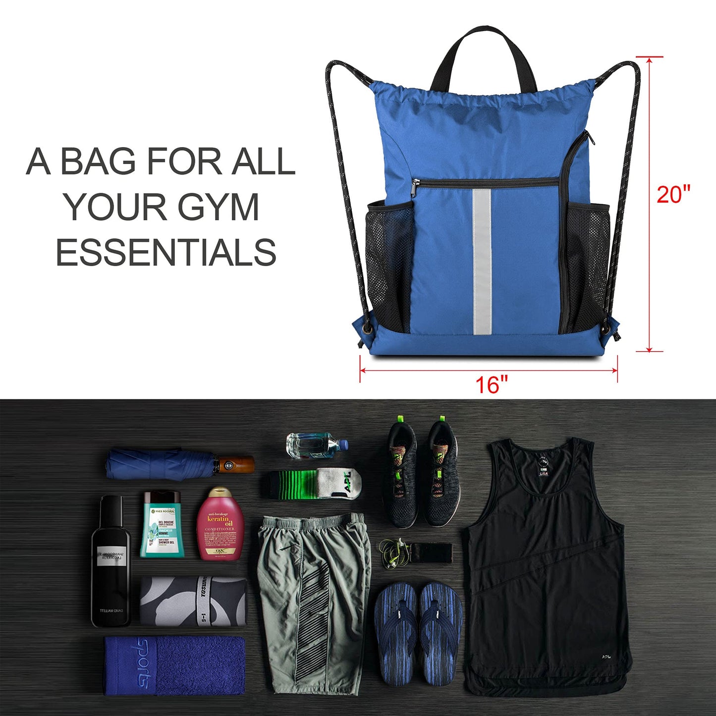 BeeGreen Royal Blue String Backpack Bag Cinch Sack with Shoe Compartment and Two Side Mesh Pockets Lightweight Sturdy Drawstring Gym Sackpack 1 Pack for Unisex