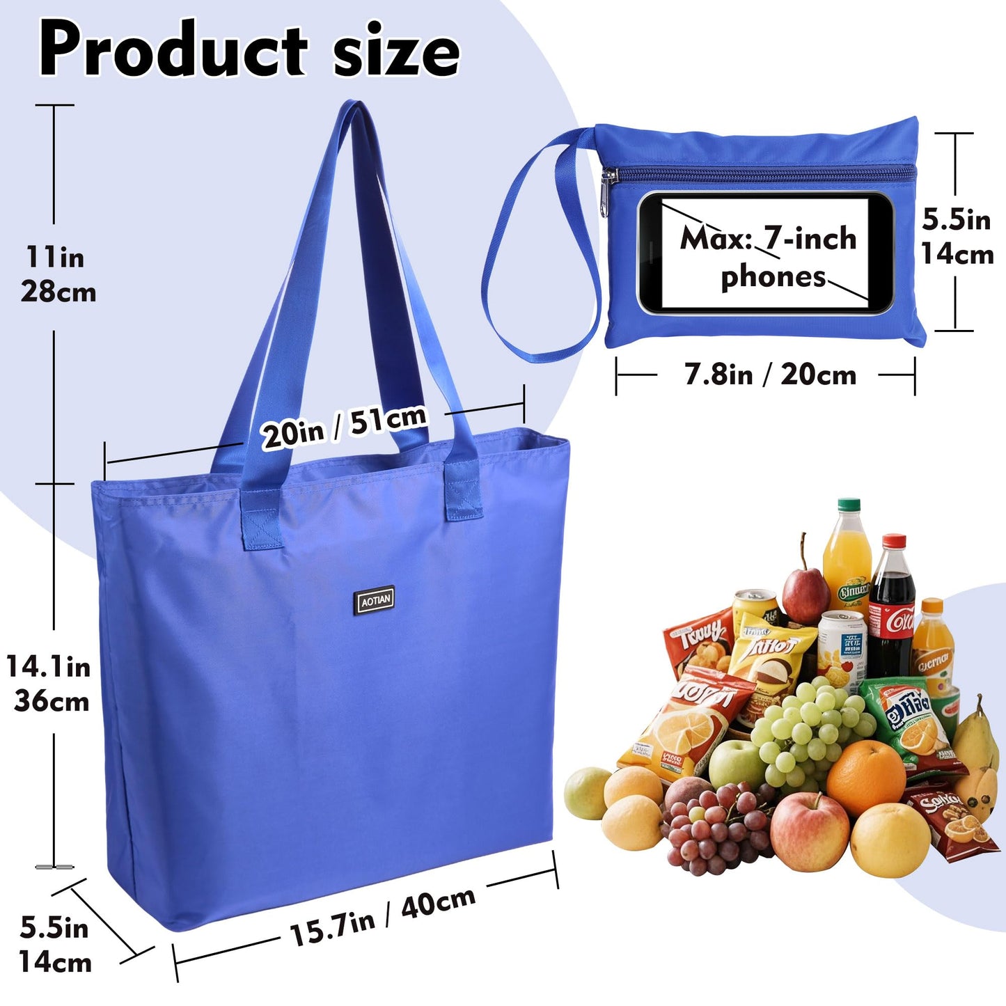 AOTIAN Heavy Duty 20 Liter Reusable Grocery Bags, Thickened Tear-Resistant Polyester Fabric Foldable Machine Washable Shopping Bags, Zipper Closure Water-Resistant Large Tote Bag Travel Gym Beach Bag