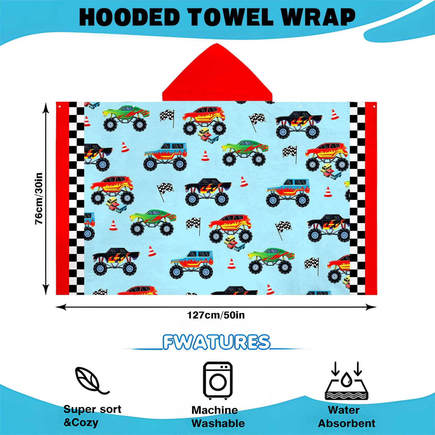HSUIOFE Hooded Towels for Kids -Monster Toddler Beach Towel- Super Absorbent & Quick Dry 100% Cotton 30x50 Inch - to Kid Ages 3-10-Truck Cars Swim Towels