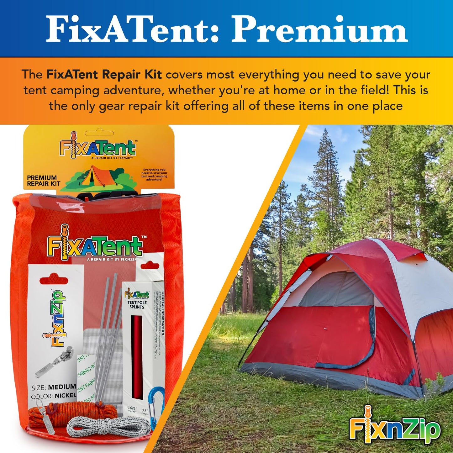 FixNZip FixATent Premium | Complete Tent Repair Kit with Zipper Slider, Pole Splints, Shock Cord, Screen Patches, Fabric Tape, Stakes, Guy Rope & Waterproof Dry Bag | Full Camping Gear Emergency Kit
