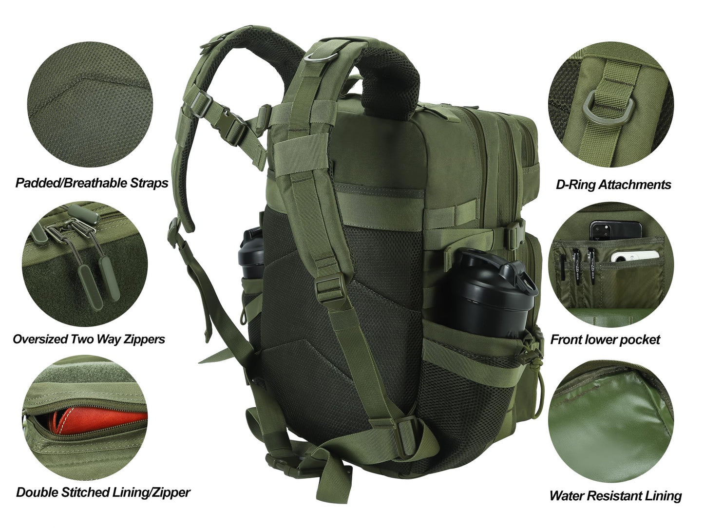 LHI Military Tactical Backpack for Men and Women 45L Army 3 Days Assault Pack Bag Large Rucksack with Molle System - Green