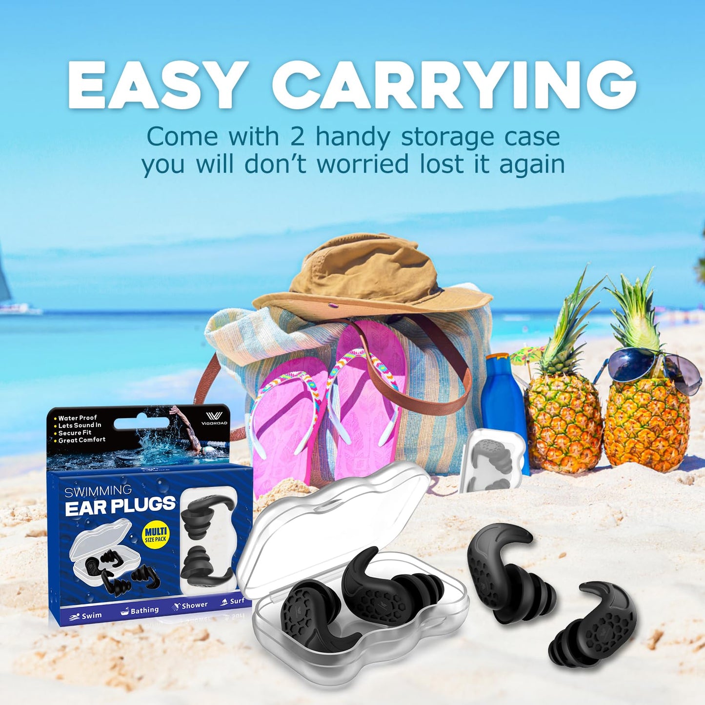 Swimming Ear Plugs, VIGOROAD 2 Pairs Waterproof Ultra Comfy Reusable Silicone Swimming earplugs for Swimmers, Shower, Bathing, Surfing, Pool and Other Water Sports(Adults, Teens & Kids 9+)