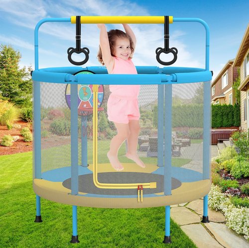 LANGXUN 60" Trampoline for Kids, 5ft Mini Toddler Indoor & Outdoor Trampoline with Net, Basketball Hoop & Dart Board, Birthday Gifts for Boys & Girls, Baby Toddler Christmas Toys (Blue & Yellow)