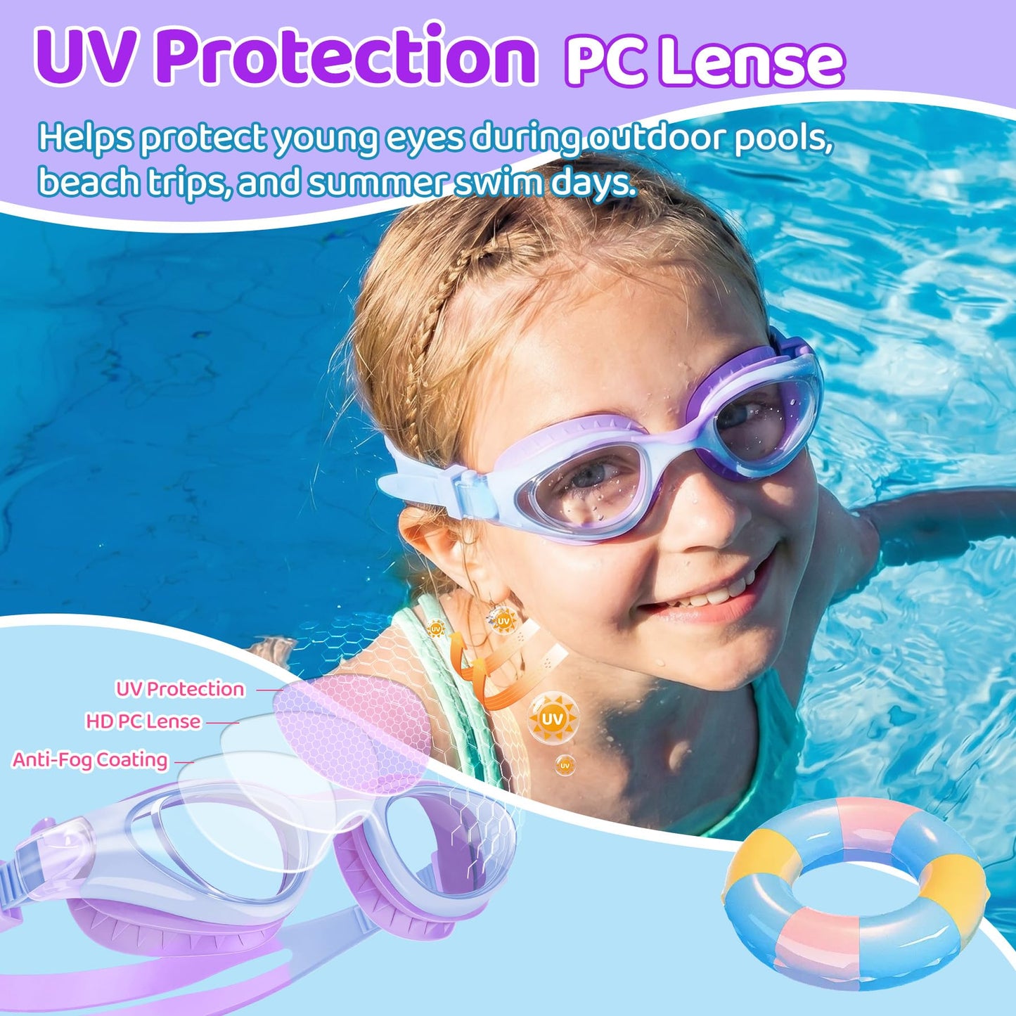 Vvinca Kids Swim Goggles for Boys Girls Age 6-14, Anti-Fog UV Protection Clear Swimming Goggles, Leak-Proof Kids Pool Goggles with Easy Side-Pull Adjustment for Toddler Youth Pool Water Swimming