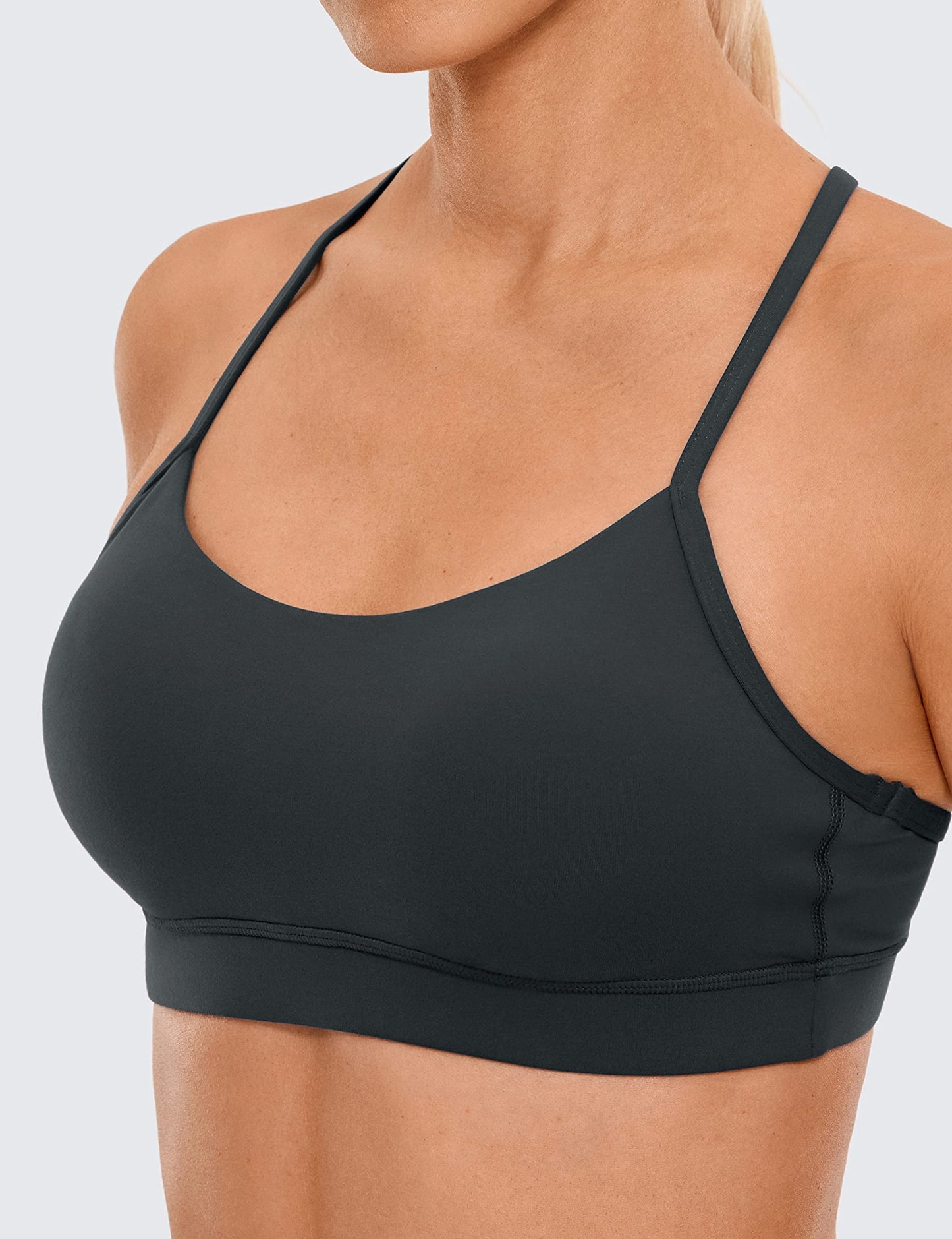 CRZ YOGA Butterluxe Y Back Sports Bras for Women - Padded Racerback Low Impact Spaghetti Thin Strap Workout Yoga Top Melanite Medium