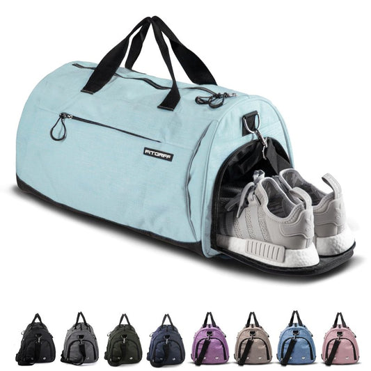 Fitgriff® Gym Bag for Men & Women with Shoe & Wet Compartment - Duffle Bag for Travel, Sports, Fitness & Workout (Cyan, 23 x 12 x 12″ (Medium))