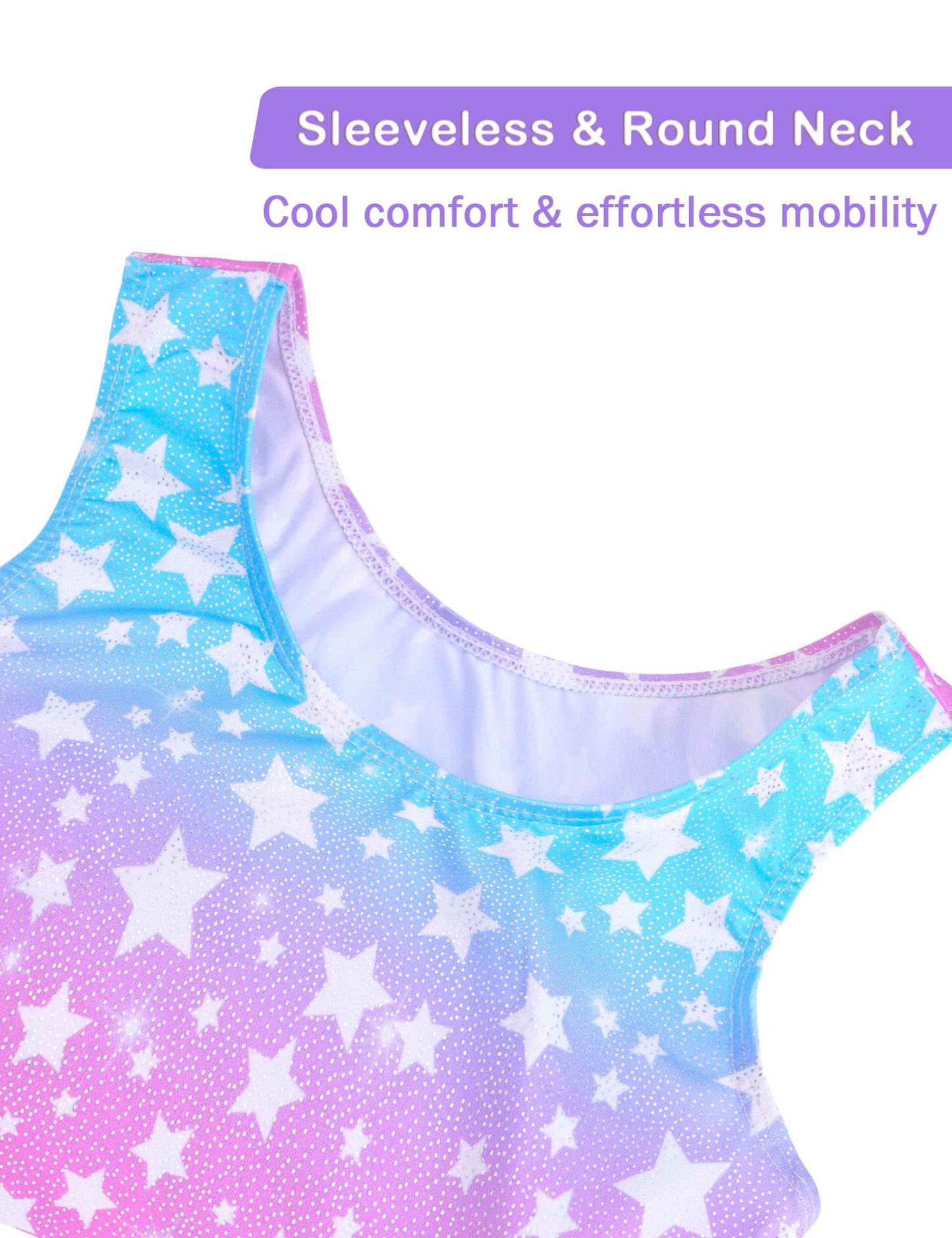 Kirinkylin Girls Leotards for Gymnastics Size 8-9 Years Purple Blue Stars Shiny Dance Wear with Shorts for Little Ones