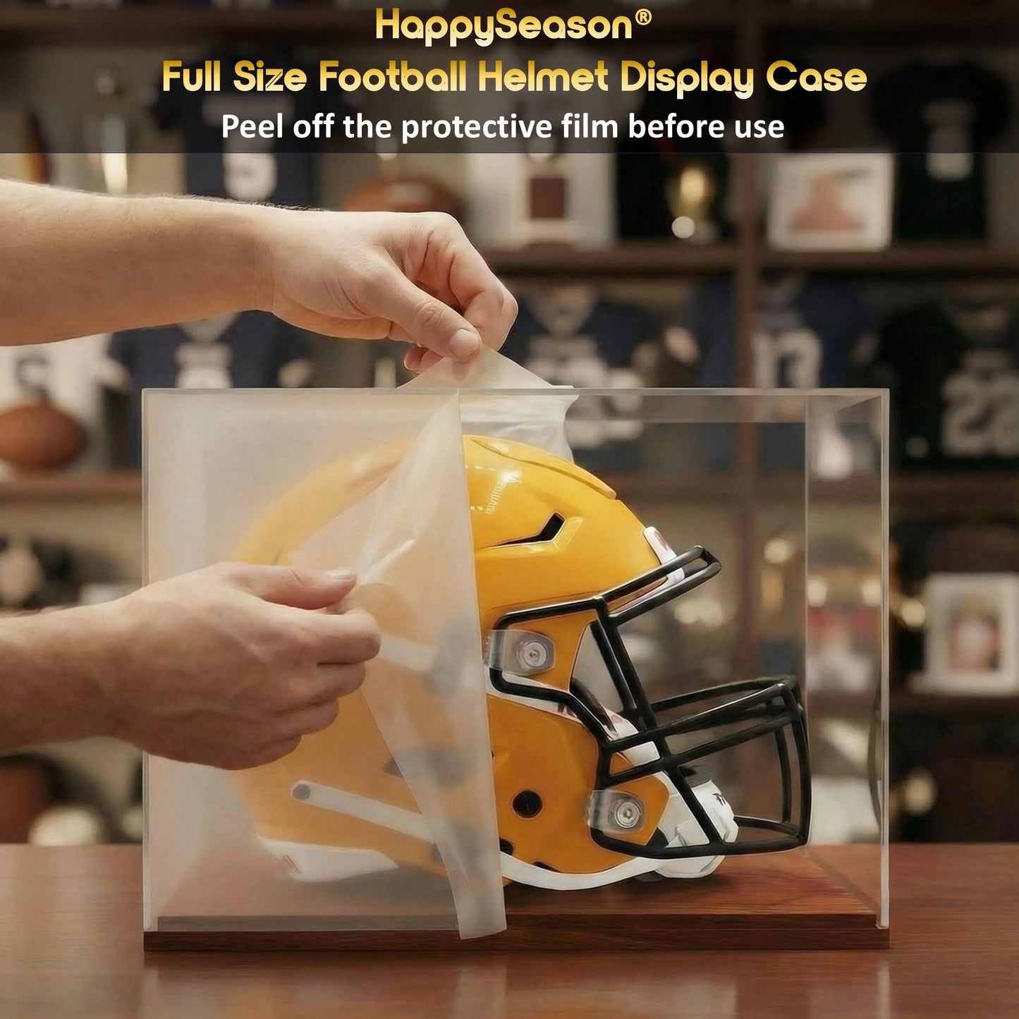 Happyseason Football Helmet Display Case, One-Piece Acrylic, Solid Wood Base, Full Size Helmet Display Case, Sports Collectible Memorabilia, No Assembly Required (Cherry Brown, Full Size)