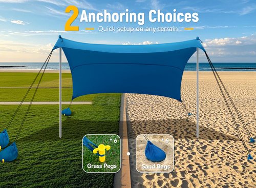 Vibemo Beach Tent, UPF50+ Sun Shelter, 10x10ft Outdoor Canopy with Sandbags, Ground Pegs, Stability Poles & Sand Shovel, Portable Sun Shade for Traveling, Camping, Fishing, Picnics & Backyard Fun